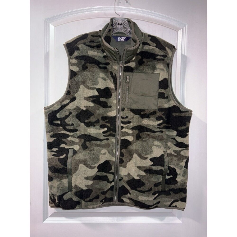 Camo Sherpa Vest Men’s MED Lands End Warm and Cozy Full Zip New‎ Fast Shipping!
